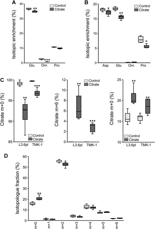 Figure 3. Extracellular citrate uptake by cancer cell lines of different origin. A, Influence of extracellular citrate on the isotope enrichment of free amino acids under normoxic conditions. PC-3M cells were incubated for 72 hours in media supplemented with [U-13C]glucose with or without 200 μmol/L unlabeled citrate. **, P < 0.01; ***, P < 0.001; n = 6. B, Influence of extracellular citrate on intracellular amino acid levels. PC-3M cells were incubated under hypoxic conditions for 24 hours in media supplemented with [U-13C]glucose with or without 200 μmol/L unlabeled citrate. Isotopic enrichment in free amino acids is shown. *, P < 0.05; **, P < 0.01; n = 4. C, Decrease in unlabeled intracellular citrate (left) and increase in fully labeled intracellular citrate (middle) in human pancreatic (L3.6pl) and gastric (TMK-1) cancer cell lines incubated for 72 hours with or without 200 μmol/L [U-13C]citrate with 25 mmol/L glucose. Right, decrease in unlabeled intracellular citrate in pancreatic and gastric cancer cell lines after 24 hours of incubation with 5.5 mmol/L [U-13C]glucose with or without 200 μmol/L citrate. **, P < 0.01; ***, P < 0.001; n = 6. D, L3.6pl cells were incubated for (24 hours) with 5.5 mmol/L [U-13C]glucose with or without the addition of 200 μmol/L unlabeled citrate. Isotopologue fractions of citrate are shown. *, P < 0.05; **, P < 0.01; n = 6.