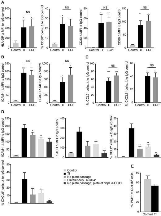 Figure 7. TI protocol with TI chamber or the clinical ECP plate rapidly induces DC maturation and unique activation profile in human PBMC, dependent on plate passage and platelets. A and B, FACS analysis of MFI change of the indicated markers from corresponding IgG controls in live CD11c+ cells among either freshly isolated PBMC (control), PBMC treated with the TI protocol and analyzed following overnight incubation (TI), or PBMC treated with the TI protocol adapted to the clinical ECP plate and analyzed following overnight incubation (ECP). For CD80, where only a subset of cells express the marker, difference in percent CD80+ cells of live CD11c+ PBMC is instead represented. C, FACS analysis of percent change of the indicated markers from corresponding IgG controls in fixed and permeabilized CD11c+ cells among either freshly isolated PBMC (control), PBMC treated with the TI protocol and analyzed following overnight incubation (TI), or PBMC treated with the TI protocol adapted to the clinical ECP plate and analyzed following overnight incubation (ECP). D, FACS analysis of TI-specific marker expression in live CD11c+ cells among either freshly isolated PBMC (control), PBMC treated with the TI protocol and analyzed following overnight incubation (TI), or PBMC treated with the TI protocol where plate passage was omitted, platelets were depleted using the a-CD41 bead kit prior to plate passage, or both of the above were performed. E, FACS analysis of phagocytic potential of CD11c+ cells within human PBMC that have either been freshly isolated (control) or TI-treated (TI) prior to overnight coincubation with PKH-labeled, 8-MOP/UVA-exposed YuCOT human melanoma cells. Bars represent average % PKH+ cells of CD11c+ cells, measured in three independent experiments. Error bars, SEM. A–C, Data summarize six independent experiments with three blood donors. D, Data summarize three independent experiments with five blood donors. A–D, Bars represent mean values, whereas error bars represent SEM. P values for each comparison calculated using paired t test; *, P < 0.05; **, P < 0.01; ***, P < 0.001; NS, differences not significant.