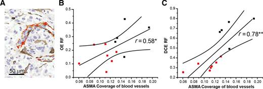 Figure 3. OE-OT and DCE-OT RFs show a significant positive correlation with vascular maturity. A, Overlaid CD31- and ASMA-stained sections were used to evaluate the fraction of blood vessels positive for ASMA (red on CD31-stained section). The OE RF (B) and DCE RF (C) both show a significant correlation to tumor vascular maturity (B), with DCE showing a stronger relationship. The analysis includes tumors treated with combretastatin A4 phosphate (red points, n = 7 PC3 tumors), which show clearly lower ASMA coverage than vehicle-treated tumors (black points, n = 5 PC3 tumors). *, P < 0.05 and **, P < 0.01 show the strength of the correlation assessed using a Pearson rank test. Line of best fit with 95% confidence intervals is also shown in the graphs.