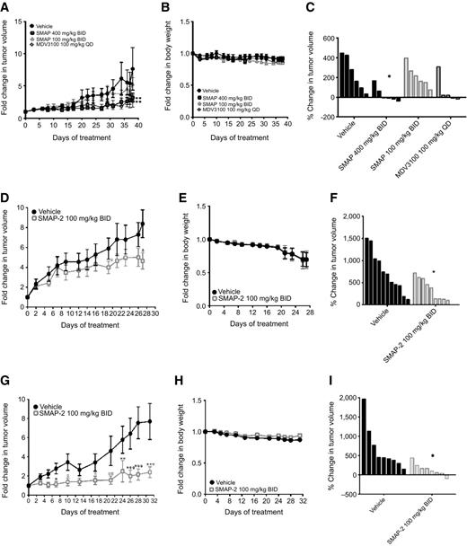 Figure 6. SMAP and SMAP-2 inhibit tumor growth in a LNCaP/AR xenograft model in both castrated and noncastrated male mice. A, Fold change in tumor volume was assessed every 2–3 days in noncastrated male mice, bearing on average 200 mm3 LNCaP/AR tumors, treated with vehicle control (n = 6), 100 mg/kg SMAP twice daily (n = 6), 400 mg/kg SMAP twice daily (n = 6), or 100 mg/kg MDV3100 (n = 5) once daily for 38 days. Data shown represents the mean tumor volume ± SD. ANOVA, P = 0.0004. B, Fold change in body weight of mice over the course of the SMAP treatment study. C, Waterfall plot of percent change in individual tumor volume from day 0 to 38 for each mouse in SMAP treatment study. ANOVA, P = 0.0246. Full details of ANOVA and Dunnett tests are provided in Supplementary Table S13. D, Fold change in tumor volume was assessed every 2–3 days in noncastrated male mice bearing LNCaP/AR tumors, on average 100 mm3, treated with vehicle control (n = 11) or 100 mg/kg SMAP-2 (n = 8) orally twice daily for 28 days. E, Fold change in body weight of mice over the course of the SMAP-2 treatment study. F, Waterfall plot of percent change in individual tumor volumes from day 0–28 for each mouse in SMAP-2 treatment study. G, Fold change in tumor volume assessed every 2–3 days in castrated male mice bearing LNCaP/AR tumors, on average 200–250 mm3, treated with control (n = 11) or 100 mg/kg SMAP-2 (n = 9) orally twice daily for 31 days. H, Fold change in body weight of castrated mice over the course of the SMAP-2 treatment study. I, Waterfall plot of percent change in individual tumor volume from day 0 to 31 for each mouse in SMAP-2 treatment study. *, P < 0.05; **, P < 0.01; ***, P < 0.001.