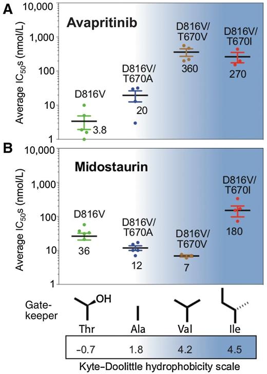 Figure 6. Increasing hydrophobicity of the gatekeeper residue correlates with increased resistance to avapritinib, but has minimal effect on midostaurin. Average IC50s of avapritinib (A) and midostaurin (B) against various gatekeeper mutants. Each data point represents one experiment done in triplicate. The average IC50 of at least three separate experiments is shown in nmol/L. The mutants are listed in order of increasing hydrophobicity of the gatekeeper residue, according to the Kyte–Doolittle hydrophobicity scale (58), as indicated by the blue gradient.