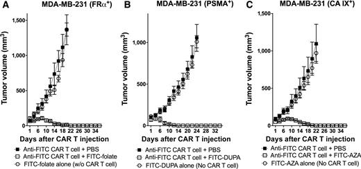 Figure 3. Effect of anti-FITC CAR T-cell infusion on tumor volume upon administration of the correct antigen-specific CAM. NSG mice were implanted with two million of either naturally occurring MDA-MB-231 cells (FRα+; A) or MDA-MB-231 cells transduced with PSMA (B) or CA IX (C) and infused with anti-FITC CAR T cells (107 cells) when tumor volumes reached approximately 100 mm3 (day 1). Mice were then intravenously injected every other day with either PBS or increasing amounts of the CAM that was designed to bind the tumor antigen that was overexpressed on the MDA-MB-231 tumor (i.e., 5 nmol/kg on days 1 and 2, 50 nmol/kg on days 4 and 6, 100 nmol/kg on days 8 and 10, and 500 nmol/kg from day 12 onward). To determine whether CAM addition might have any direct effect on tumor growth, mice were also treated with each of the CAMs in the absence of anti-FITC CAR T cells. n = 5 mice per group. All data represent mean ± SEM. Data shown are the represent data from two independent experiments.