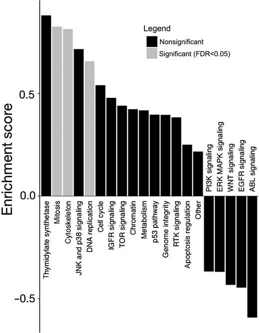 Figure 7. Identification of drugs and pharmacologic classes with cytotoxic effects on cancer cell lines that correlate with radioresponse. Pharmacologic enrichment analysis using radiation AUC as the radioresponse indicator. Pharmacologic classes with statistically significant associations with radioresponse in cancer cell lines are indicated.