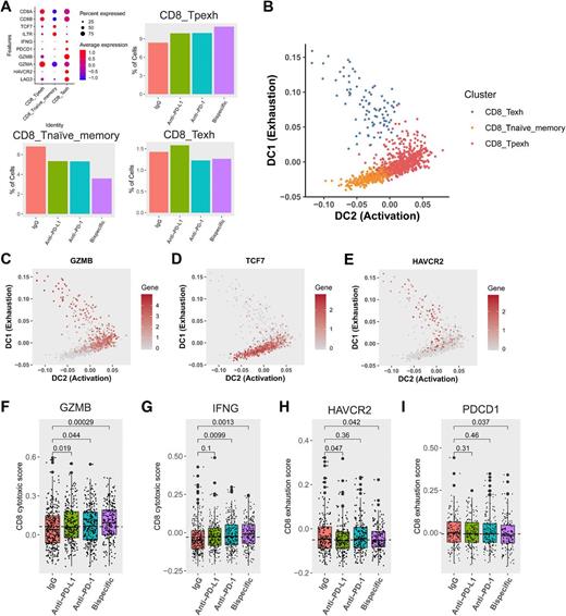Figure 5. scRNA-seq analysis reveals state changes in CD8 T cells between distinct subsets. A, Definition of and percentage of CD8 T cells in naïve (CD8_Tnaive_memory), progenitor-exhausted (CD8_Tpexh), and terminally exhausted (CD8_Texh) CD8 T-cell groups (mapped in Fig. 3D and E). On the top left is a bubble map demonstrating markers used to define these three groups. Markers (y-axis) used to define each of the different groups (x-axis) are shown here along with the expression level in each defined cell type. The average expression level (colors) is shown in the percentage of cells (sphere) expressing each marker for each cell type. Bar graphs demonstrating the proportion of CD8 T cells in progenitor-exhausted (top right), naïve (bottom left), and terminally exhausted (bottom right) CD8 T-cell groups across antibody treatments are shown. B, Diffusion map demonstrating transition between (i) naïve (orange) and progenitor-exhausted (red) cells, and (ii) terminally exhausted (blue) and progenitor-exhausted (red) cells over pseudotime. The x-axis represents increasing activation, and the y-axis represents increasing exhaustion. The color code for the different clusters/subgroups is shown on the top right. C–E, Diffusion maps demonstrating transition between naïve and progenitor-exhausted cells and terminally exhausted and progenitor-exhausted cells (mapped in B) over pseudotime for the activation marker GZMB (C), the naivety marker TCF7 (D), and the exhaustion marker HAVCR2 (TIM3; E). The x-axis represents increasing activation, and the y-axis represents increasing exhaustion. The color code for gene expression level is shown on the right. F and G, Activation scores were generated by assessing a panel of 50 genes associated with GZMB (F) or IFNG expression (G) in CD8 T cells in naïve and progenitor-exhausted CD8 T cells. Box plots of the average scores for each treatment are shown with P values compared with the IgG control for GZMB (F) and IFNG (G). H and I, Exhaustion scores were generated by assessing a panel of 50 genes associated with HAVCR2 (TIM3; H) expression or PDCD1 (PD-1; I) expression in CD8 T cells in both naïve and progenitor-exhausted cells. Box plots of the average scores for each treatment are shown with P values compared with the control for HAVCR2 (H) and PDCD1 (I). All P values were generated using a one-tailed t test.