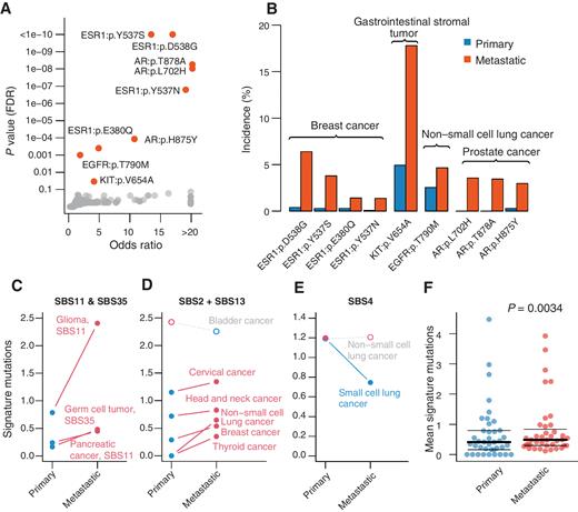 Figure 4. Metastatic tumors are enriched in specific variants and mutation signatures. A, Using a one-sided Fisher test performed within cancer types to evaluate enrichment in metastatic tumors, 9 specific gene variants are found significantly enriched. B, The incidence of the significantly enriched variants and the cancer types they are found in are shown. (C–E) Mutation signatures in primary versus metastatic tumors. The Y-axis represents the numeric contribution of a specific mutation signature to the total TMB of each cancer type. Open circles indicate a signature is found but is not significantly different between primary and metastatic. C, Treatment-related SBS11 (alkylating agents, temozolomide) and SBS35 (platinum chemotherapy). D, The sum of APOBEC-related signatures, SBS2 and SBS13. E, Smoking-related signature, SBS4. F, Showing for each cancer type the contribution of individual mutation signatures, excluding the very common mitotic-related signatures SBS1 and SBS5. P value based on a paired Wilcoxon test.