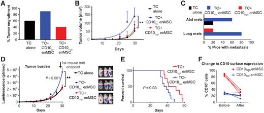 Figure 3. CD10low enMSCs enhance the initiation, growth and metastasis of OCCC cells in subcutaneous and orthotopic mouse models leading to decreased mouse survival. A, TOV-21G TCs (TC) were injected alone or with CD10low enMSCs or CD10high enMSCs subcutaneously into NSG mice. Percent of mice with tumor engraftment per group is plotted demonstrating CD10low enMSC containing tumors have increased engraftment. B, Volume of engrafted xenografts demonstrates increased tumor growth with CD10low enMSCs. C, Quantification of metastasis at time of necropsy demonstrates the CD10low enMSC group have increased metastatic burden. D, Luciferase-expressing TOV-21G TCs were injected alone or with CD10low enMSCs or CD10high enMSCs orthotopically into the unilateral ovarian bursa and tumor growth was measure via serial bioluminescence imaging demonstrating increased growth in the CD10low enMSC containing tumors. E, Kaplan–Meier curve demonstrating mice with CD10low enMSC containing tumors had significantly decreased survival (log-rank test P = 0.03). F, enMSCs isolated from orthotopic xenografts at time of necropsy demonstrate stable surface expression of CD10 in the initial CD10low enMSCs but significant decrease in CD10 surface expression in the initial CD10high enMSCs. **, P < 0.05 CD10low enMSCs vs. TC alone.