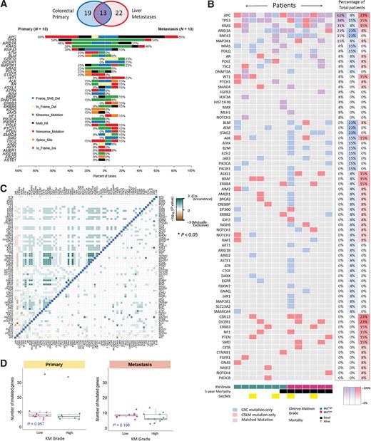 Figure 1. Mutational Characterization of primary colorectal cancer and CRLM. A, Venn diagram demonstrating primary colorectal cancer and CRLM that underwent genomic analysis. Co-Barplot illustrating most frequently mutated genes across 13 matched primary colorectal cancer and CRLM, including mutation type. Genes are ordered by mutational frequency. Sections were sequenced using GPOL (Glasgow Precision Oncology Laboratory) mutational panel. B, Oncoplot demonstrating concurrent mutations in the 13 matched lesions. Patients are ranked according to co-mutational burden on the y-axis and ranked according to KM grade on the x-axis. Blue denotes gene mutated in primary only, red denotes gene mutated in metastasis only, purple denotes mutated in primary and metastasis. The right hand 3 columns denote the percentage of total patients with each mutation type. C, Correlation matrix demonstrating co-occurrence of mutations with left of the blue demarcation line representing primary colorectal cancer, right of the blue demarcation line representing CRLM (pair-wise Fisher's Exact test *, P < 0.05). Gene names are displayed along the x and y-axes ordered by mutational frequency. Dark green boxes represent significant co-occurrence. D, Box plot illustrating mutational burden in primary colorectal cancer and CRLM according to KM grade using the Mann–Whitney test to assess for statistically significant difference between KM groups.