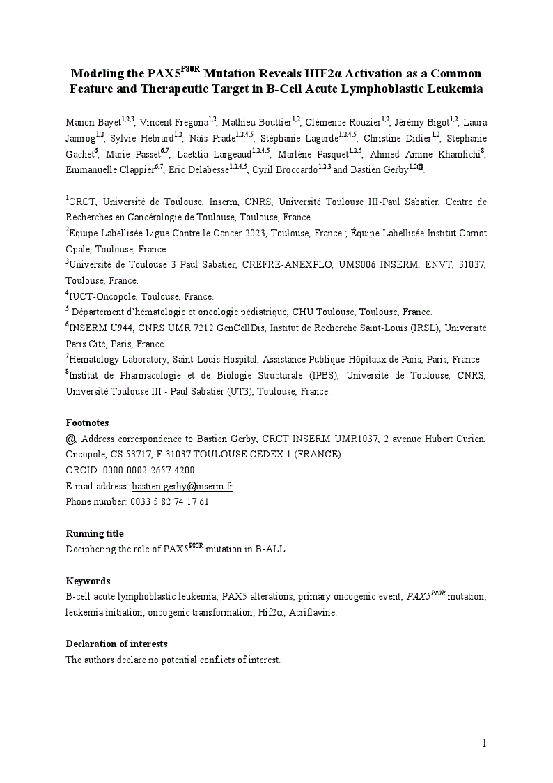 First page of Modeling the PAX5P80R Mutation Reveals HIF2α Activation as a Common Feature and Therapeutic Target in B-Cell Acute Lymphoblastic Leukemia<alt-title alt-title-type="left-running">Deciphering the role of PAX5P80R mutation in B-ALL</alt-title>