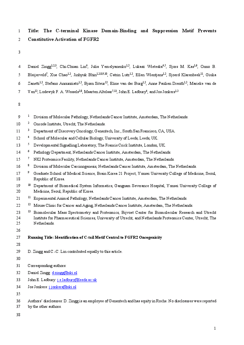 First page of The C-terminal Kinase Domain-Binding and Suppression Motif Prevents Constitutive Activation of FGFR2<alt-title alt-title-type="left-running">Identification of C-tail Motif Central to FGFR2 Oncogenicity</alt-title>