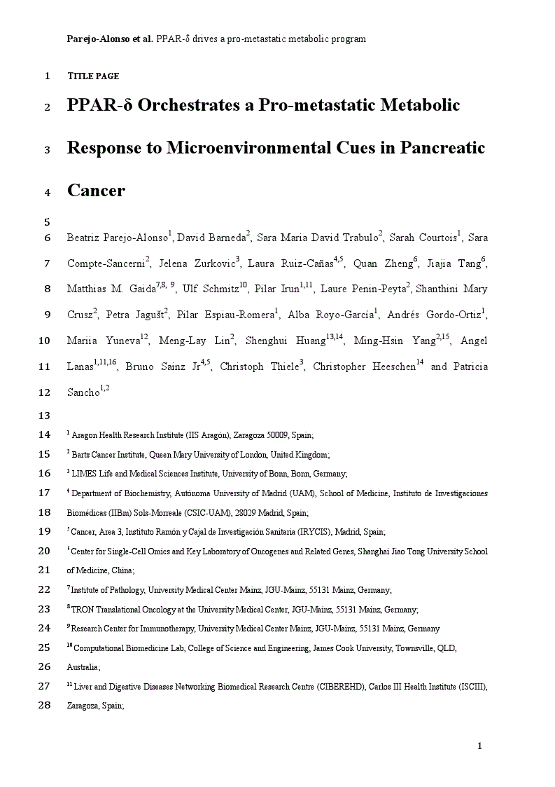 First page of PPAR-δ Orchestrates a Pro-metastatic Metabolic Response to Microenvironmental Cues in Pancreatic Cancer<alt-title alt-title-type="left-running">PPAR-δ drives a pro-metastatic metabolic program</alt-title>