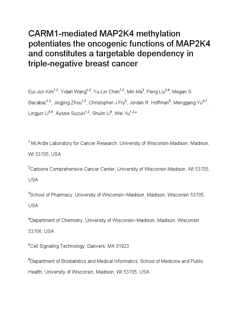 First page of CARM1-mediated MAP2K4 methylation potentiates the oncogenic functions of MAP2K4 and constitutes a targetable dependency in triple-negative breast cancer<alt-title alt-title-type="left-running">CARM1 is a targetable dependency in TNBC</alt-title>