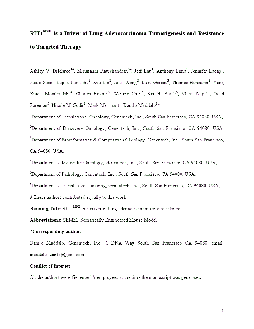 First page of RIT1M90I is a driver of lung adenocarcinoma tumorigenesis and resistance to targeted therapy<alt-title alt-title-type="left-running">RIT1M90I is a driver of lung adenocarcinoma and resistance</alt-title>