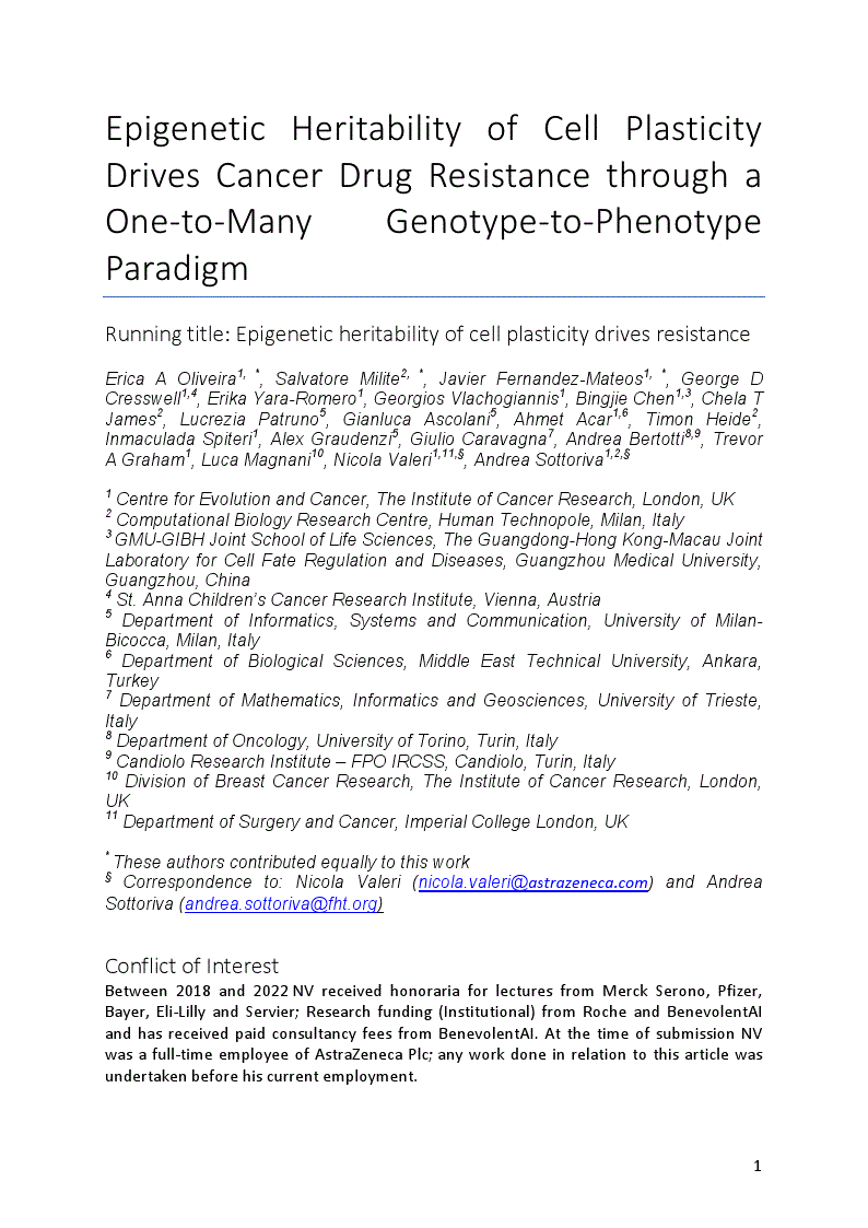 First page of Epigenetic Heritability of Cell Plasticity Drives Cancer Drug Resistance through a One-to-Many Genotype-to-Phenotype Paradigm<alt-title alt-title-type="left-running">Epigenetic heritability of cell plasticity drives resistance</alt-title>