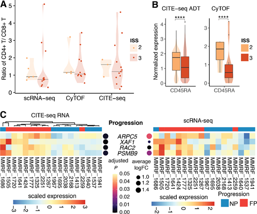 Ratio of CD4+ T/CD8+ T of patients in different ISS stages and markers associated with ISS disease stages and multiple myeloma progression. A, Violin plots showing the ratio of CD4+ T/CD8+ T of patients in ISS stage 2 and 3 in scRNA-seq, CyTOF, and CITE-seq. Horizontal lines indicate the median of data points in each group. B, Violin plots showing single cell–level normalized expression of CD45RA in CITE-seq ADT measurement and CyTOF. The difference is significant at P ≤ 0.0001 based on Wilcoxon rank-sum test. C, Heatmaps showing DEGs of NK cells of FP versus NP patients in CITE-seq RNA measurement (left) and scRNA-seq measurement (right). The samples are ordered on the basis of hierarchical clustering of expression profiles of these genes in CITE-seq RNA measurement. Expression values are scaled such that for each gene, the average of the scaled expression is 0 and the SD is 1. Adjusted P values and log fold change in CITE-seq and scRNA-seq were shown on the left and right side of DEGs, respectively. FC = fold change.