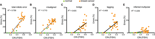 Misaligned chromosomes correlate with CIN in primary breast cancer. Correlation of CIN [based on variation in copy number of six chromosomes measured by interphase FISH (Methods (40)] using simple linear regressions with all types of mitotic errors (A), misaligned chromosomes (B), chromosome bridges (C), lagging chromosomes (D), and inferred multipolarity (E) demonstrating that misaligned chromosomes have the strongest correlation with CIN. n = 1,204 metaphase cells observed in 38 patients. n = 567 anaphase and telophase cells observed in 38 patients. n = 60 mitotic cells observed in normal tissue. A–D,P < 0.0001; E, P = 0.0042.