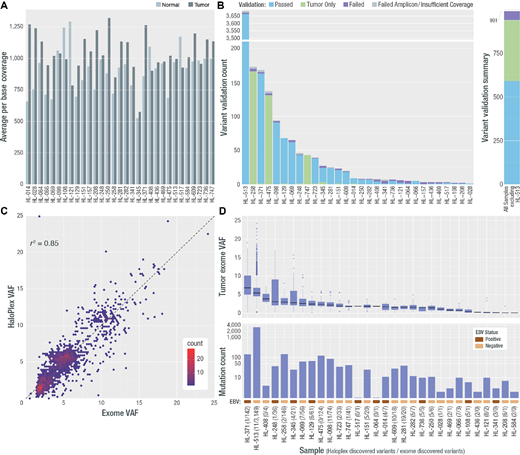 Deep exome coverage, validation rate, final variant count, and VAF per sample. A, Average per base coverage for targeted regions across each tumor and normal sample. B, A targeted orthogonal sequencing strategy (HaloPlex; Agilent) was used to validate all variants that passed filtering strategies for all samples (except for the hypermutated sample, for which a subset of variants were selected for validation—see Materials and Methods). The count of assayed variants that passed, failed, or were validated only in the HaloPlex tumor sample, is shown by sample as well as the number for which validation was not possible due to low tumor coverage or amplicon design failure. The overall count of variants that passed, failed, or received a “tumor only” validation status, excluding variants from HL-513 is shown at the right. Note: One patient (HL-584) did not have any variants pass filtering and review, therefore 30/31 patients were included in validation. C, Comparison of exome VAF and HaloPlex VAF is shown for samples with two or more variants. D, VAF and variant count for all variants across all samples used in all further analyses. Following each sample number is the number of HaloPlex discovered variants and exome discovered variants. In addition, a colored rectangle indicating the EBV stats (assessed using competitive alignment) is shown. Note: Variants from one patient failed validation (HL-157) and no further variants were called in de novo exercises. This patient was removed from all further analyses. In addition, the patient who did not have variants to validate, gained two variants in the de novo exercise and was included in the final cohort (HL-584).