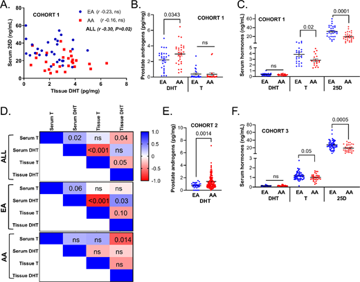 Ancestry-specific differences in androgen levels and relationships between DHT and 25D. A, Correlation between serum 25D and prostate DHT in EA (n = 29) and AA (n = 28) men in cohort 1. Correlation values (r) were determined using Spearman rank test. B, Prostate tissue levels of T and DHT in cohort 1. C, Serum levels of T, DHT, and 25D in cohort 1. D, Spearman correlations (R shown in heatmap) between serum and prostate tissue concentrations of hormones. P values shown within cells. E, Prostate tissue levels of DHT in cohort 2 (EA n = 13, AA n = 82). F, Serum levels of DHT, T, and 25D in cohort 3 (EA n = 33, AA n = 28). All hormone measurements were quantified by LC/MS-MS. Graphs represent mean with 95% confidence interval. The P values were determined by unpaired two-tailed t test.