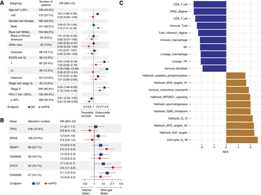 Baseline demographic and transcriptomic features associated with clinical outcomes in Tempus cohort 1. A, Forest plot of baseline demographic features in association with clinical outcomes (OS and rwPFS) in 1L NSCLC ICI treatment. B, Forest plot of the most frequently observed baseline genomic alterations in association with 1L ICI treatment outcomes (OS and rwPFS). HRs >1 indicate worse outcomes for patients whose tumors harbor a genomic alteration relative to patients with wild-type tumors. C, Top enriched pathways and signatures associated with ICI OS using baseline RNA-seq data. Negative normalized enrichment scale (NES) was associated with longer OS. CI, confidence interval; ECOG, Eastern Cooperative Oncology Group; ref, reference.
