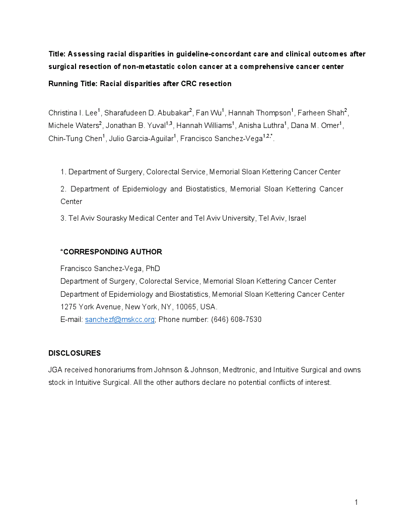 First page of Assessing racial disparities in guideline-concordant care and clinical outcomes after surgical resection of non-metastatic colon cancer at a comprehensive cancer center<alt-title alt-title-type="left-running">Racial disparities after CRC resection</alt-title>
