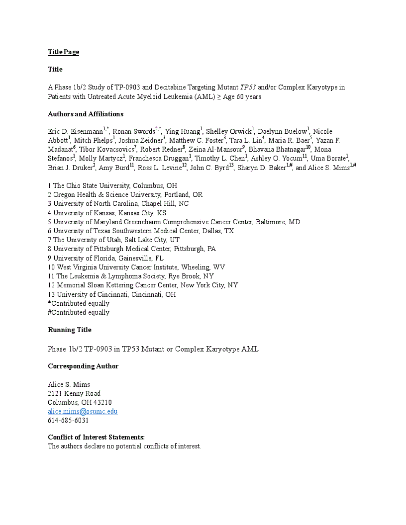 First page of A Phase 1b/2 Study of TP-0903 and Decitabine Targeting Mutant TP53 and/or Complex Karyotype in Patients with Untreated Acute Myeloid Leukemia (AML) ≥ Age 60 years<alt-title alt-title-type="left-running">Phase 1b/2 TP-0903 in TP53 Mutant or Complex Karyotype AML</alt-title>