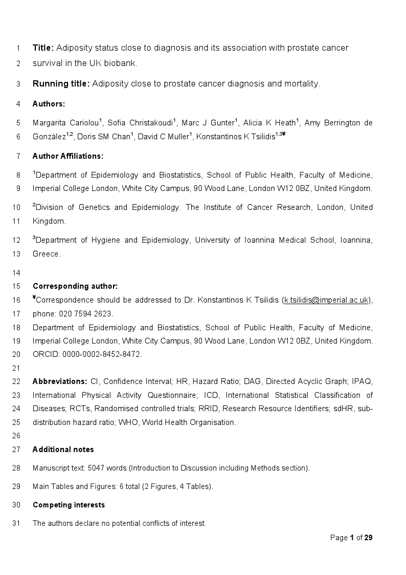 First page of Adiposity status close to diagnosis and its association with prostate cancer survival in the UK biobank<alt-title alt-title-type="left-running">Adiposity close to prostate cancer diagnosis and mortality</alt-title>