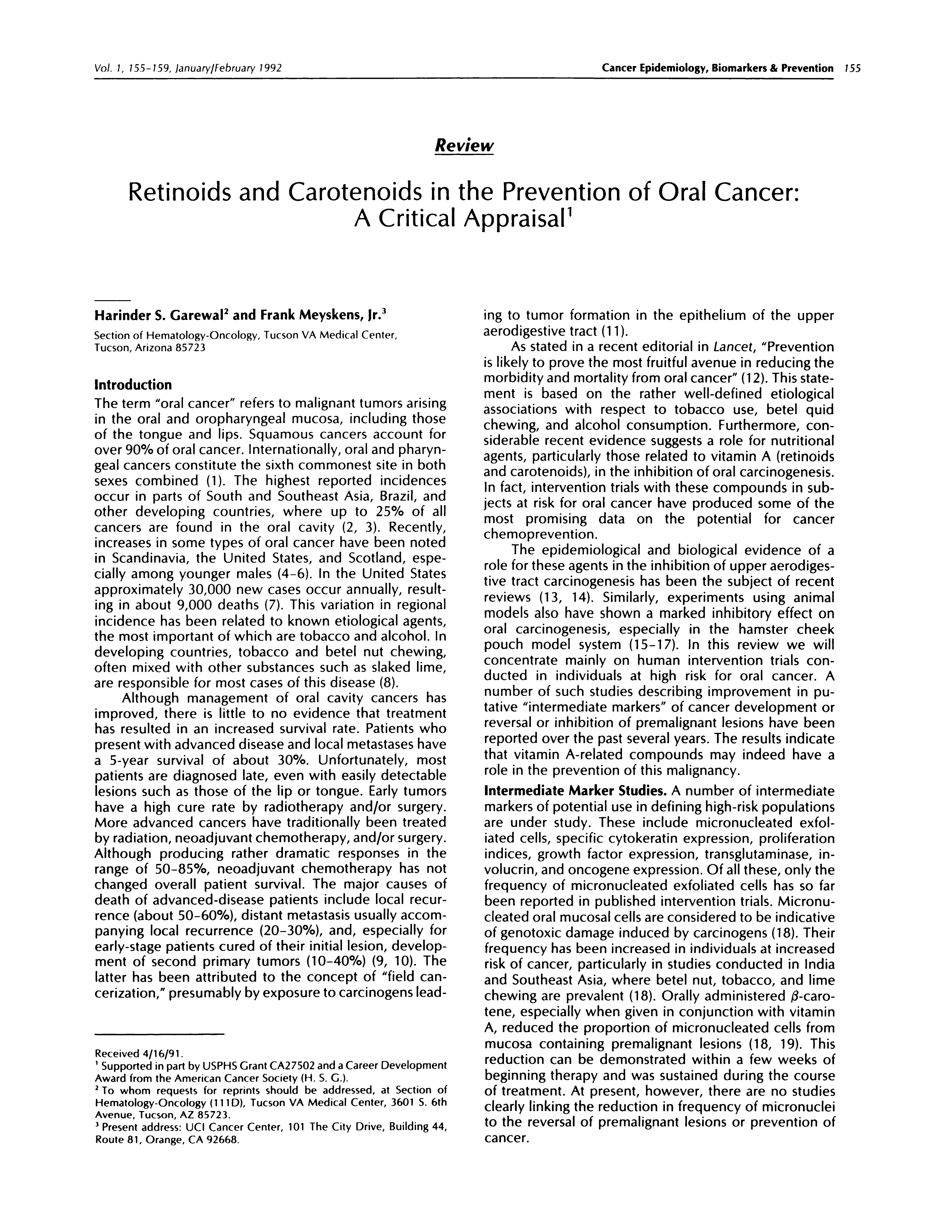 First page of Retinoids and carotenoids in the prevention of oral cancer: a critical appraisal.