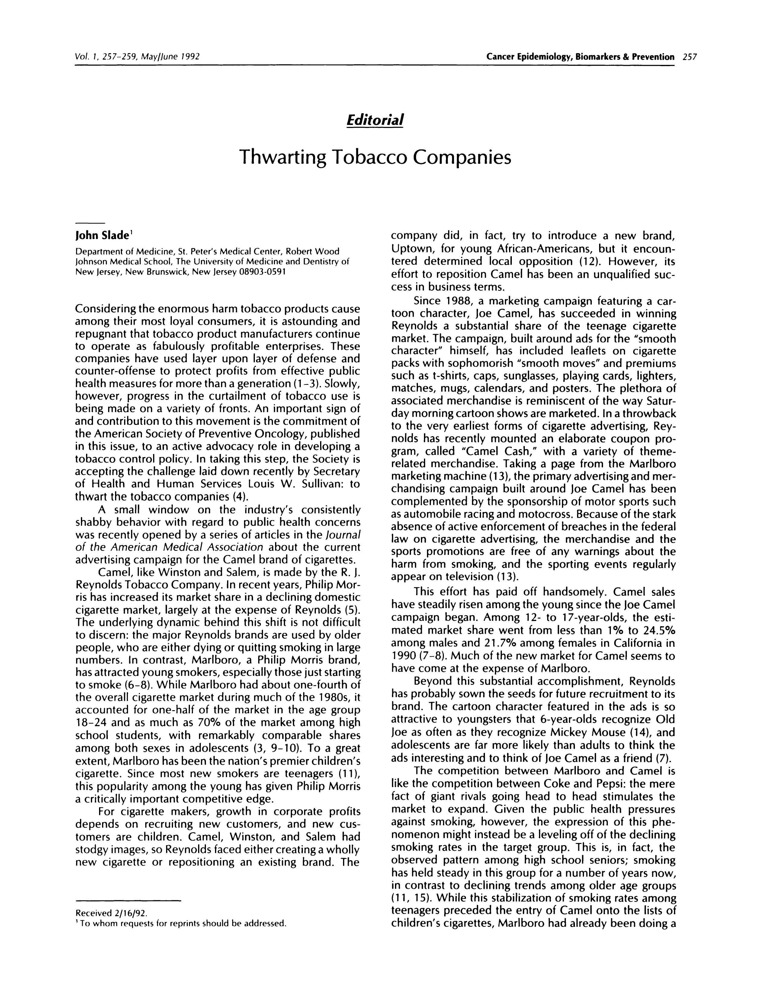 First page of Thwarting tobacco companies.