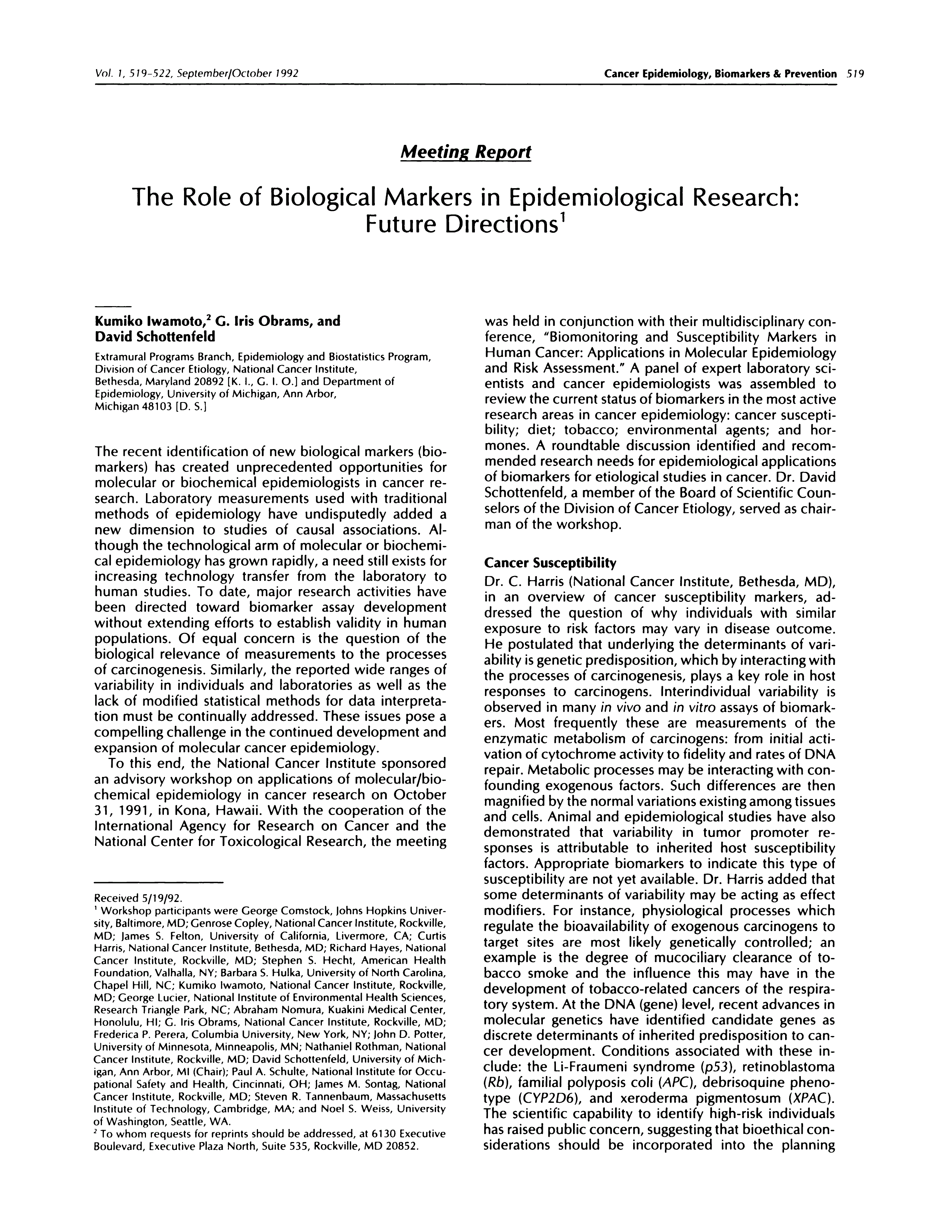 First page of The role of biological markers in epidemiological research: future directions.
