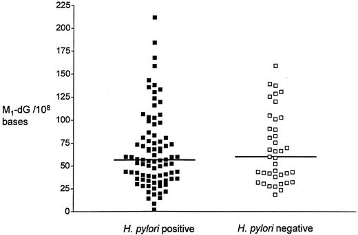 Fig. 1. Levels of M1-dG in H. pylori-positive and -negative patients. Horizontal bars are medians.