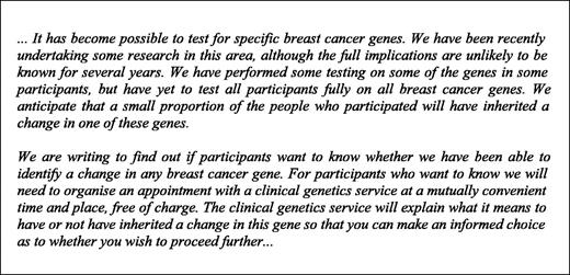 Figure 1. An excerpt from the letter sent to case subjects identified as mutation carriers and their relatives from whom a blood sample was obtained.
