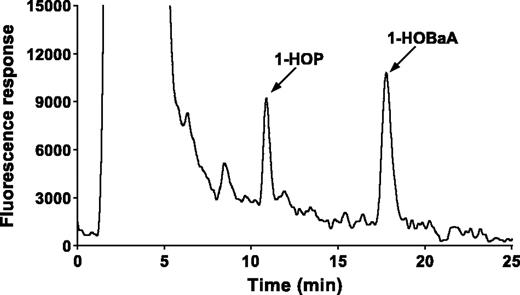 Figure 1. Chromatogram obtained on HPLC analysis with fluorescence detection (excitation 344 nm, emission 400 nm) of the 1-HOP fraction from a nonsmoker's urine.