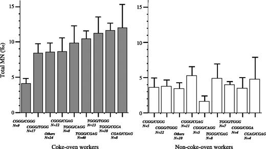 Figure 1. Frequencies of total MN by haplotype pairs of XRCC1. The frequencies of total MN were significantly related to XRCC1 haplotype pairs among coke-oven workers but not among non–coke-oven workers. “Others” of coke-oven workers include CAGG/CAGG, CAGG/CGAG, CAGG/CGGA, CGAG/CGGA, CGGG/CGGA, and CGGG/CAGG. “Others” of non–coke-oven workers include CAGG/CAGG, CAGG/CGAG, CAGG/CGGA, CGAG/CGGA, TGGG/CGGA, and TGGG/CAGG. Columns, means; bars, SE. See text for additional statistical analysis.