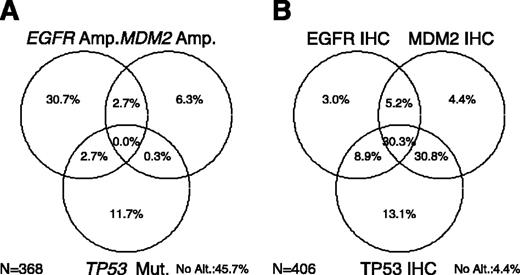 Figure 1. A. Percentages of tumors with combinations of TP53 mutation and MDM2 and EGFR amplification. B. Percentages of tumors with combinations of TP53, MDM2, and EGFR protein as measured by immunohistochemistry. Total within Venn diagram plus those with no alterations equals 100%. N, total number of glioblastoma tumors.