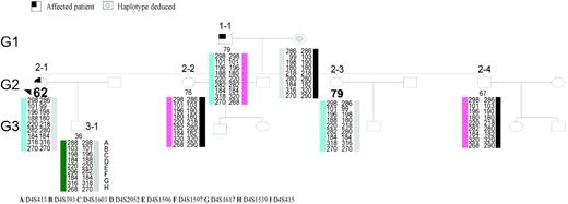 Figure 3. Survival curves for family groupings. Two groups of families were identified with clusters of alleles that could be associated with pancreatic cancer (D4S1597:282 and D4S1617:186). Kaplan-Meier analysis with event time from birth to age of death from pancreatic cancer was used to compare these families with families excluded as having linkage to 4q32-34 and the bulk of the families where exclusion was impossible. A. Affected individuals in D4S1597-282 have a significantly earlier age of onset than affected individuals in other families (with 95% confidence intervals). B. All potential carriers.