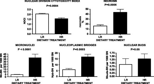 Figure 2. Comparison of CBMN assay cytotoxicity and genotoxicity biomarkers induced by cecal water from rats fed a LR or HR dietary treatment assessed in the WIL2-NS cell line. n = 10 rats per group.