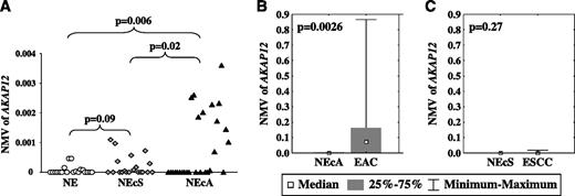 Figure 2. Methylation levels of AKAP12 in histologically normal esophageal epithelium from patients with contrasting clinical status and in matched esophageal samples. A. AKAP12 hypermethylation was apparent at relatively low levels, but it was significantly higher in normal esophageal epithelium from EAC patients (NEcA; mean, 0.00082) than in normal esophagus from non-Barrett's/non–cancer patients (NE; mean, 0.00007; P = 0.006), or normal esophagus from ESCC patients (NEcS; mean, 0.00021 and P = 0.02), although not in NEcS versus NE (P = 0.09; Student's t test). B. AKAP12 NMVs in EAC (mean, 0.1241) were significantly higher than those in matching NEcA (mean, 0.0008; P = 0.0026, Student's paired t test). C. AKAP12 NMVs in ESCC (mean, 0.0018) did not differ significantly from those in matching NEcS (mean, 0.0002; P = 0.27, Student's paired t test).