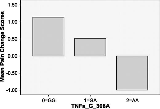Figure 1. Pain score change (initial consultation and first follow-up visit) by TNF genotypes.