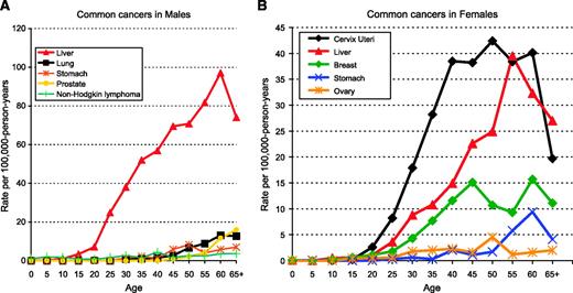 Figure 1. A. Age-specific incidence rates of the most common cancers in males in The Gambia: 1987 to 2002. B. Age-specific incidence rates of the most common cancers in females in The Gambia: 1987 to 2002.