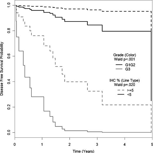 Figure 3. Cox survival curve, indicating an independent prognostic factor of PSMA in predicting DFS after conditioning for disease stage and grade. Patients whose tumors lost PSMA expression have worse DFS than those with positive expression.