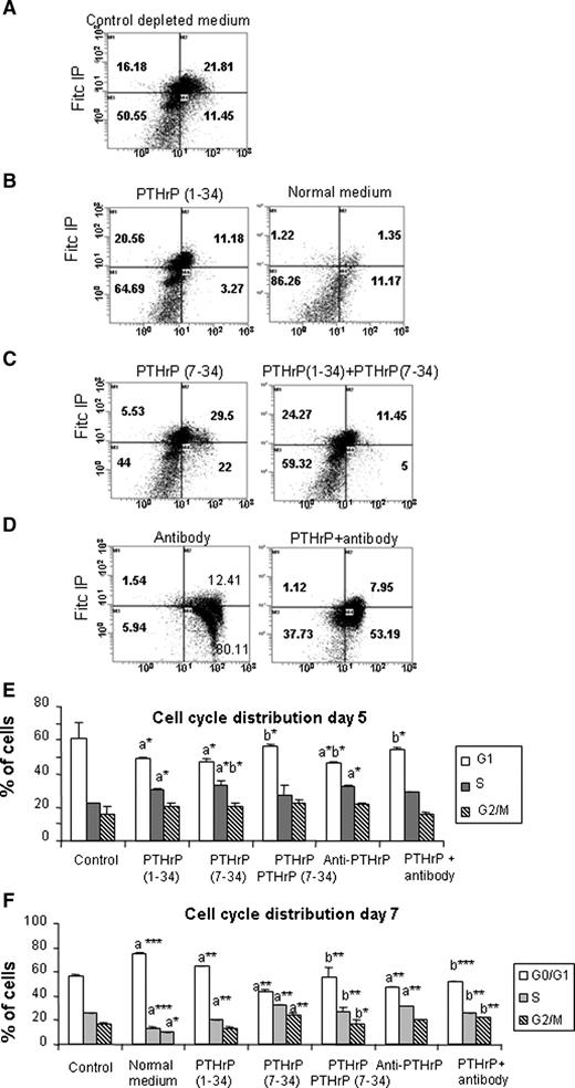 Figure 5. Apoptosis induced by the anti-PTHrP antibody and antagonist of PTH/PTHrP receptor. Control cells cultured in depleted medium for 48 h were then incubated in normal medium (A), medium containing 100 nmol/L of PTHrP(1-34) (B), or medium containing 1 μmol/L of PTHrP(7-34), the antagonist of PTHrP receptor, or 2 μg/mL of anti-PTHrP antibody, with or without 100 nmol/L of PTHrP(1-34) (C and D). All cells were gated, and apoptosis was determined by Annexin V-FITC/IP staining. Numbers within quadrants represent percentages of live (bottom left, Annexin V-FITC−/ IP−), early apoptotic (bottom right, Annexin V-FITC+/IP−), and late apoptotic or early necrotic (top right, Annexin V-FITC+/IP+) cells. This is a representative experiment of three duplicate experiments. E. Distribution of cell cycle phases by flow cytometry multicycle analysis. Percentages of cells in G1, S, and G2 in untreated cells (Control), in cells treated with 100 nmol/L of PTHrP(1-34), with 1 μmol/L of PTHrP(7-34) antagonist or 2 μg/mL of anti-PTHrP antibody with or without 100 nmol/L of PTHrP(1-34) for 5 days or 7 days (F). The Fisher test was used for statistical analysis: a*, P < 0.01; a**, P < 0.001 compared with controls; b*, P < 0.01; b**, P < 0.001; b***, P < 0.0001 compared with PTHrP-treated cells.