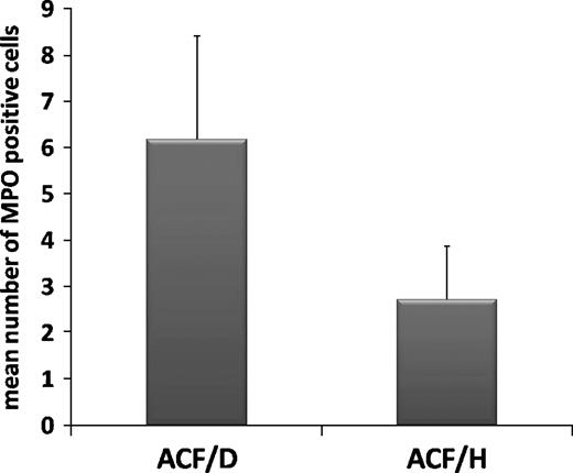 Figure 5. Overall mean number of MPO-positive cells per ×100 optical fields in dysplastic (ACF/D, 20 samples) and nondysplastic (ACF/H, 4 samples) ACF. The difference between groups is significant (P = 0.01, Wilcoxon-Mann-Whitney test).