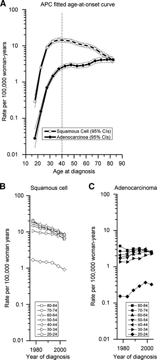 Figure 4. Fitted age-at-onset curve and fitted age-specific temporal trends by histopathologic type (SEER 9; 1976-2005). A. Fitted age-at-onset curves for cervical squamous cell carcinoma and adenocarcinoma on a log-linear scale with 95% CIs. B. Age-specific temporal trends for squamous cell carcinomas (open symbols). C. Age-specific temporal trends for adenocarcinomas (closed symbols).