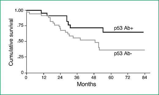 Figure 3. OS is increased in patients with p53 antibodies. Kaplan-Meier curves comparing OS between p53 antibody-positive (black) and antibody-negative (grey) patients.