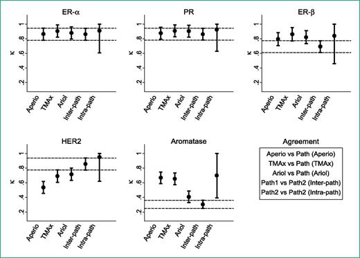Figure 1. Agreement between pathologist and automated staining categories. For ER-α, PR, and ER-β, the combined (intensity × percent) score was used; for HER2 and aromatase, the intensity score was used. Bars indicate the 95% confidence interval for the κ statistic. Dashed lines indicate the 95% confidence limits of the κ statistic for the interpathologist agreement.