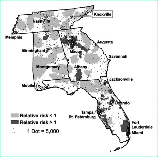Figure 1. Multistate analysis of spatial clusters with statistically significant relative risks of localized-stage prostate cancer compared with the background incidence rate: Tennessee, Alabama, Georgia, and Florida, 1999-2001. Cases restricted to black and white males only.