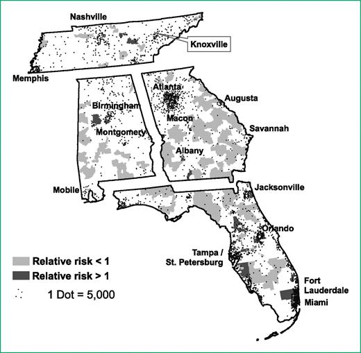 Figure 2. Spatial clusters with statistically significant relative risk of localized-stage prostate cancer compared with the background incidence rate by individual state: Alabama, Florida, Georgia, and Tennessee, 1999-2001. Cases restricted to black and white males only.