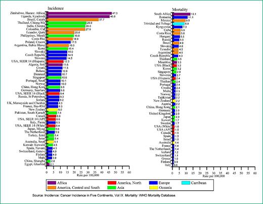 Figure 6. Cervical cancer incidence and mortality rates in select registries, 1998-2002.