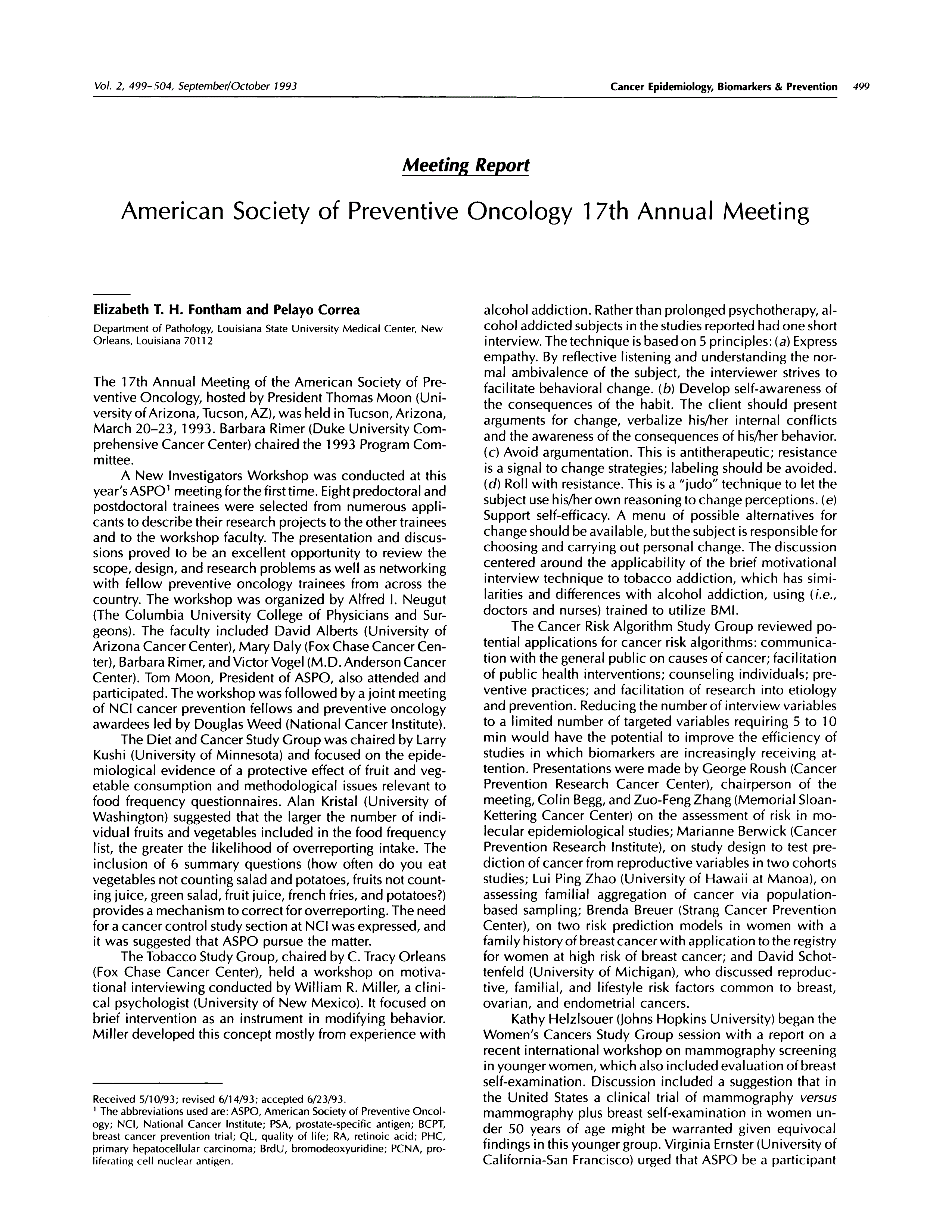 First page of American Society of Preventive Oncology 17th annual meeting.