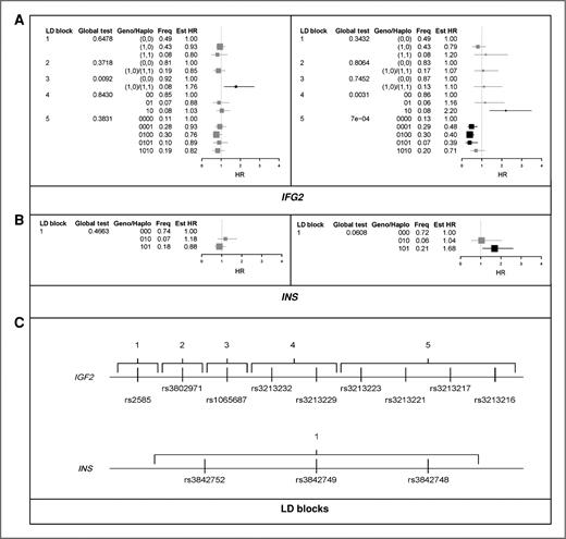 Figure 1. Estimated HRs associated with haplotype presence for IGF2 (A) and INS (B). Linkage blocks (C) were defined as pairwise D′ ≥ 0.90. Estimates were stratified by BRCA1/2 mutation status (BRCA1 in left column and BRCA2 in right column) and adjusted for birth cohort and ancestry (non-Jewish or Jewish) as well as first pregnancy, prophylactic oophorectomy, and diagnosis of ovarian cancer as time-dependent covariates. C, SNPs within each of the LD blocks are shown for each gene.