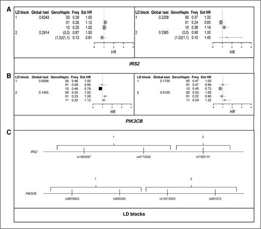 Figure 5. Estimated HRs associated with haplotype presence for IRS2 (A) and PIK3CB (B). Linkage blocks (C) were defined as pairwise D′ ≥ 0.90. Estimates were stratified by BRCA1/2 mutation status (BRCA1 in left column and BRCA2 in right column) and adjusted for birth cohort and ancestry as well as first pregnancy, prophylactic oophorectomy, and diagnosis of ovarian cancer as time-dependent covariates.